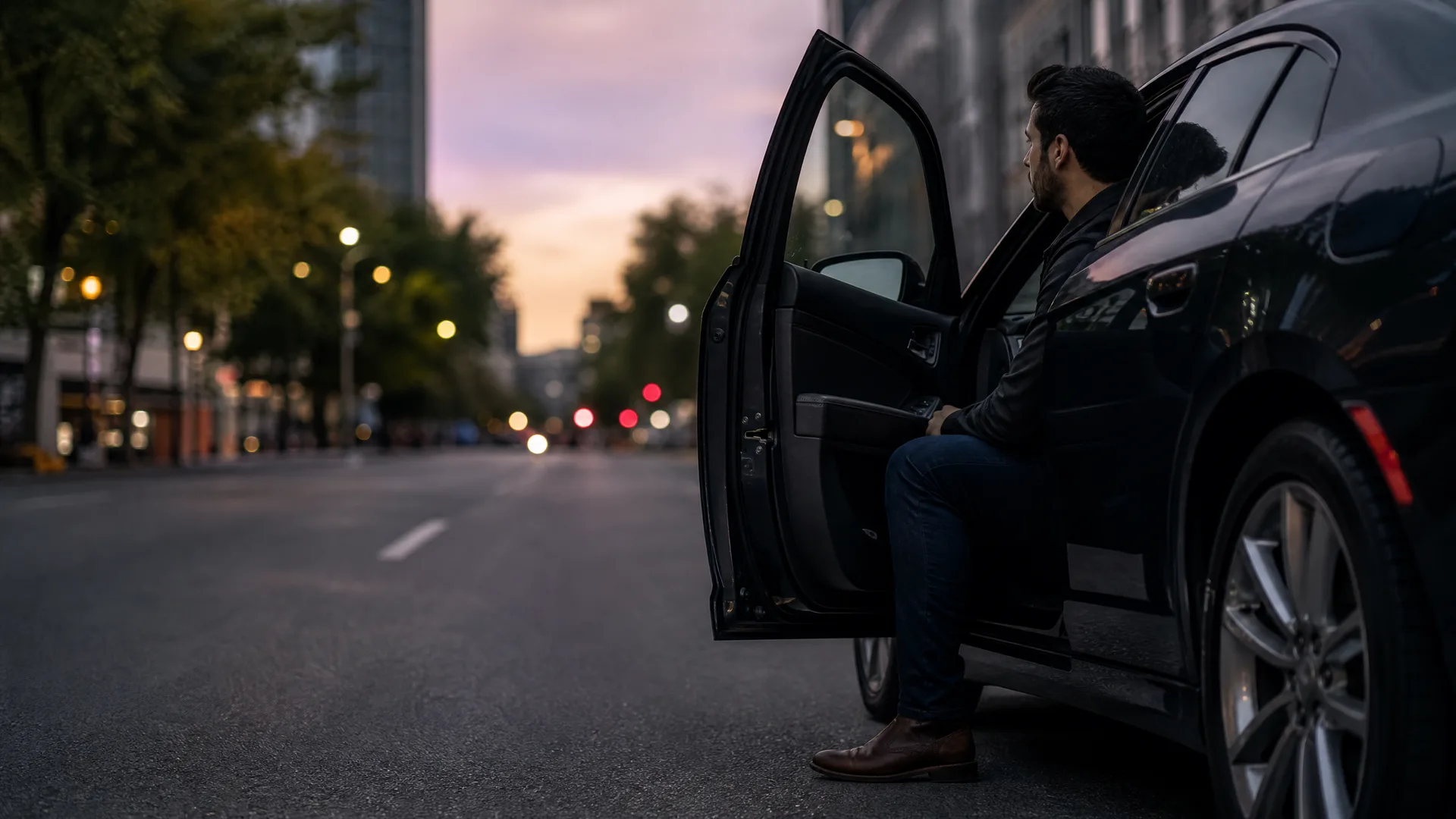 A man in a dark jacket and jeans sits sideways in the open driver's door of a dark car parked on a city street at dusk, with blurred trees, buildings and lights in the background.